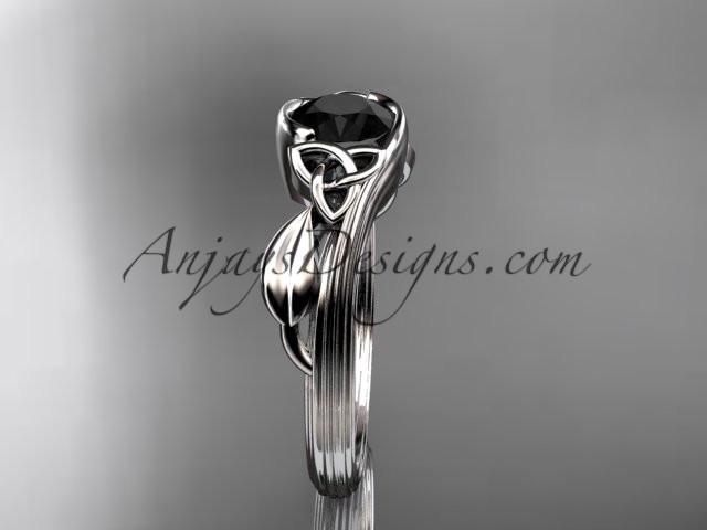14kt white gold diamond celtic trinity knot wedding ring, engagement ring with a Black Diamond center stone CT7324 - AnjaysDesigns