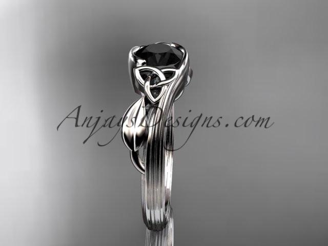 platinum diamond celtic trinity knot wedding ring, engagement ring with a Black Diamond center stone CT7324 - AnjaysDesigns