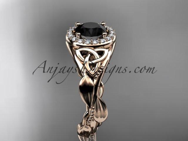 14kt rose gold diamond celtic trinity knot wedding ring, engagement ring with a Black Diamond center stone CT7327 - AnjaysDesigns