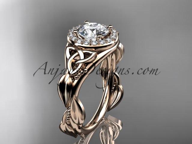 14kt rose gold diamond celtic trinity knot wedding ring, engagement ring with a "Forever One" Moissanite center stone CT7327 - AnjaysDesigns