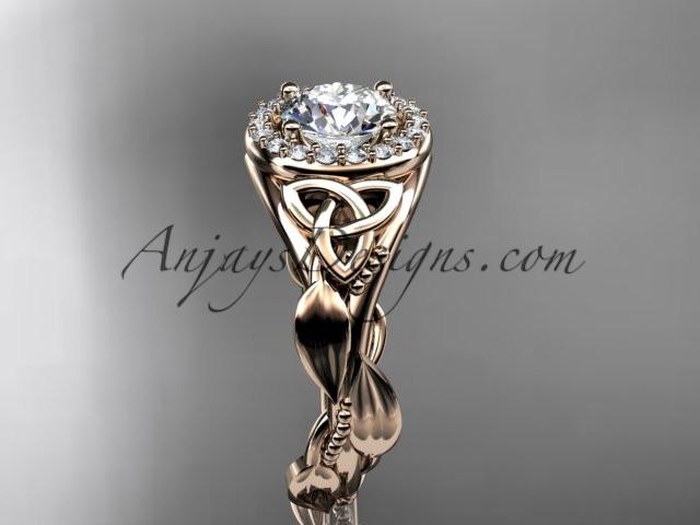 14kt rose gold diamond celtic trinity knot wedding ring, engagement ring with a "Forever One" Moissanite center stone CT7327 - AnjaysDesigns