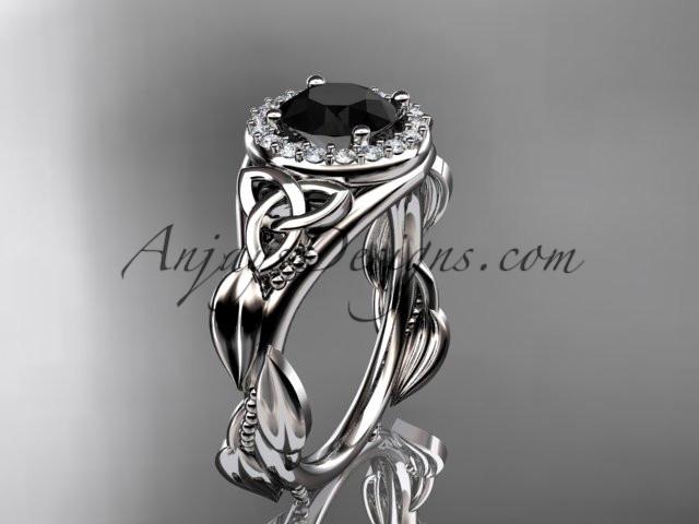14kt white gold diamond celtic trinity knot wedding ring, engagement ring with a Black Diamond center stone CT7327 - AnjaysDesigns