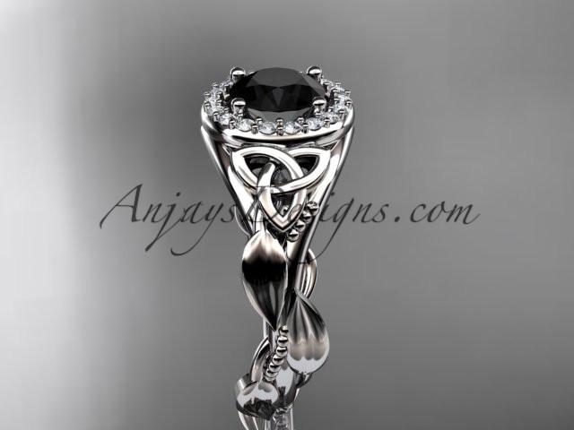 platinum diamond celtic trinity knot wedding ring, engagement ring with a Black Diamond center stone CT7327 - AnjaysDesigns