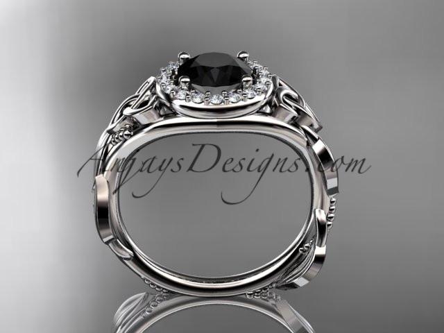 platinum diamond celtic trinity knot wedding ring, engagement ring with a Black Diamond center stone CT7327 - AnjaysDesigns