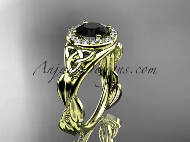 14kt yellow gold diamond celtic trinity knot wedding ring, engagement ring with a Black Diamond center stone CT7327 - AnjaysDesigns