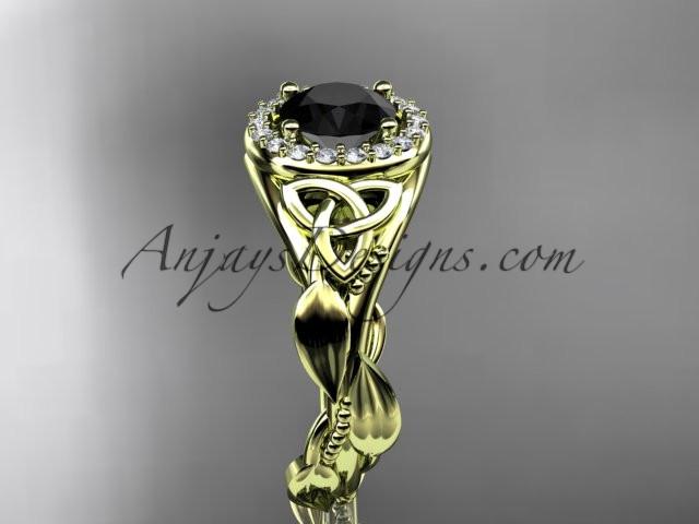 14kt yellow gold diamond celtic trinity knot wedding ring, engagement ring with a Black Diamond center stone CT7327 - AnjaysDesigns