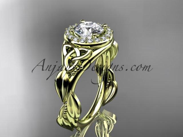 14kt yellow gold diamond celtic trinity knot wedding ring, engagement ring with a "Forever One" Moissanite center stone CT7327 - AnjaysDesigns