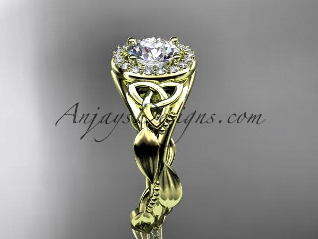 14kt yellow gold diamond celtic trinity knot wedding ring, engagement ring with a "Forever One" Moissanite center stone CT7327 - AnjaysDesigns