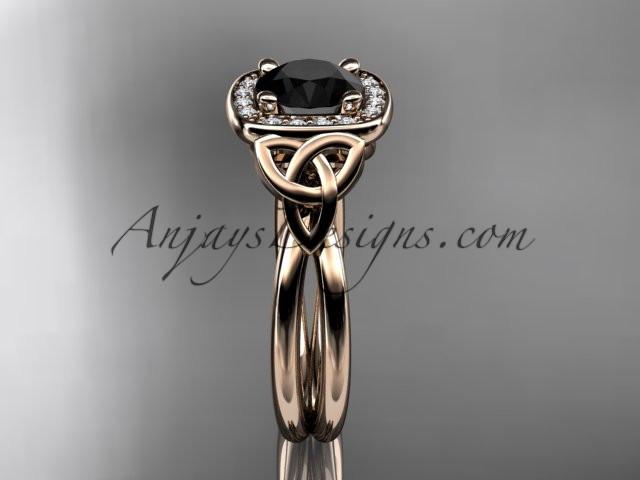 14kt rose gold diamond celtic trinity knot wedding ring, engagement ring with a Black Diamond center stone CT7330 - AnjaysDesigns