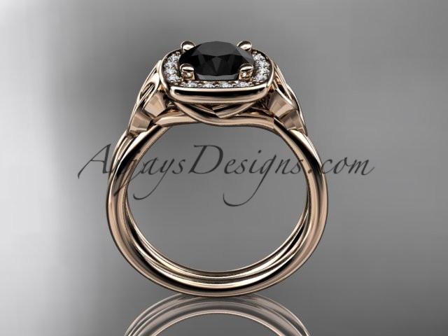 14kt rose gold diamond celtic trinity knot wedding ring, engagement ring with a Black Diamond center stone CT7330 - AnjaysDesigns