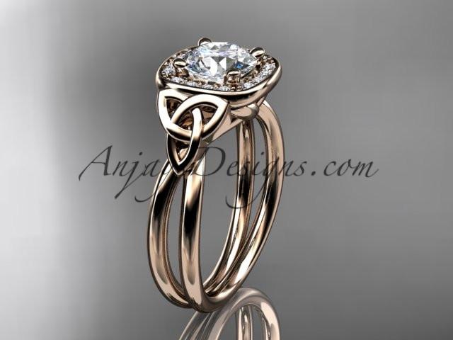 14kt rose gold diamond celtic trinity knot wedding ring, engagement ring with a "Forever One" Moissanite center stone CT7330 - AnjaysDesigns