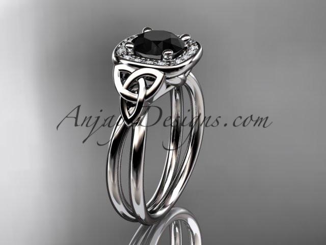 platinum diamond celtic trinity knot wedding ring, engagement ring with a Black Diamond center stone CT7330 - AnjaysDesigns