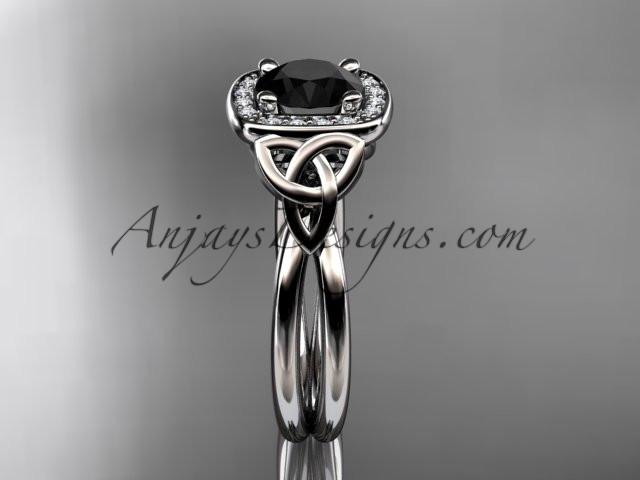 14kt white gold diamond celtic trinity knot wedding ring, engagement ring with a Black Diamond center stone CT7330 - AnjaysDesigns