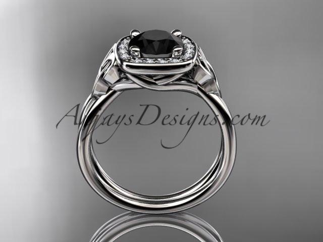 14kt white gold diamond celtic trinity knot wedding ring, engagement ring with a Black Diamond center stone CT7330 - AnjaysDesigns