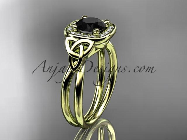 14kt yellow gold diamond celtic trinity knot wedding ring, engagement ring with a Black Diamond center stone CT7330 - AnjaysDesigns