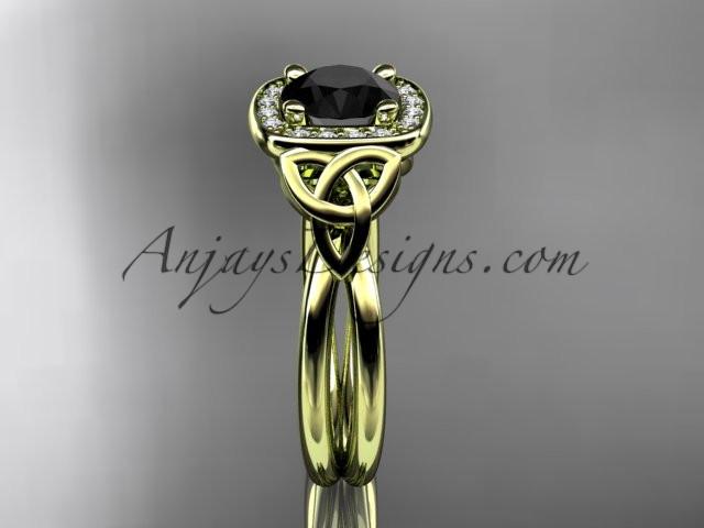 14kt yellow gold diamond celtic trinity knot wedding ring, engagement ring with a Black Diamond center stone CT7330 - AnjaysDesigns
