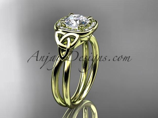14kt yellow gold diamond celtic trinity knot wedding ring, engagement ring with a "Forever One" Moissanite center stone CT7330 - AnjaysDesigns