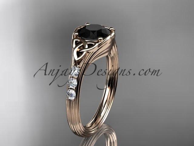 14kt rose gold diamond celtic trinity knot wedding ring, engagement ring with a Black Diamond center stone CT7333 - AnjaysDesigns