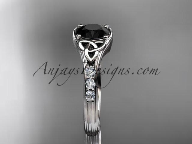 14kt white gold diamond celtic trinity knot wedding ring, engagement ring with a Black Diamond center stone CT7333 - AnjaysDesigns