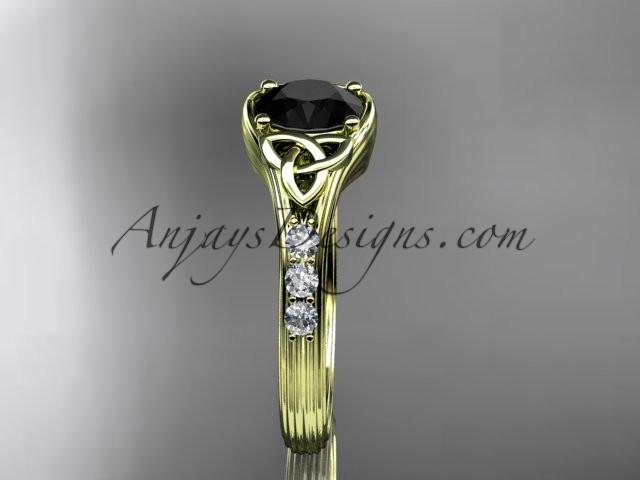 14kt yellow gold diamond celtic trinity knot wedding ring, engagement ring with a Black Diamond center stone CT7333 - AnjaysDesigns