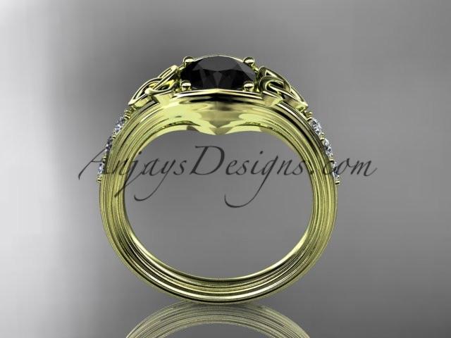14kt yellow gold diamond celtic trinity knot wedding ring, engagement ring with a Black Diamond center stone CT7333 - AnjaysDesigns