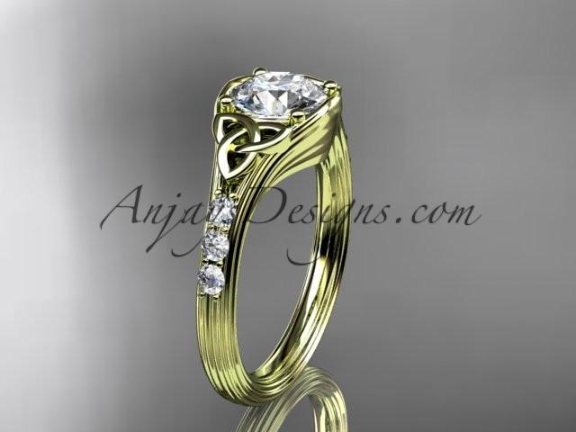 14kt yellow gold diamond celtic trinity knot wedding ring, engagement ring with a "Forever One" Moissanite center stone CT7333 - AnjaysDesigns