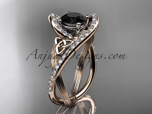 14kt rose gold diamond celtic trinity knot wedding ring, engagement ring with a Black Diamond center stone CT7369 - AnjaysDesigns
