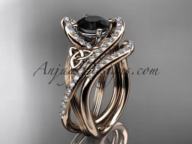 14kt rose gold diamond celtic trinity knot wedding ring, engagement set with a Black Diamond center stone CT7369S - AnjaysDesigns