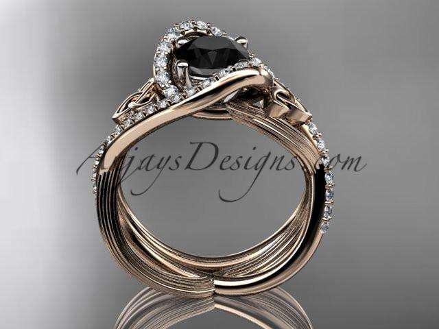 14kt rose gold diamond celtic trinity knot wedding ring, engagement set with a Black Diamond center stone CT7369S - AnjaysDesigns