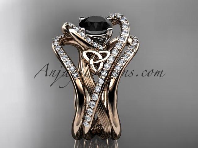 14kt rose gold diamond celtic trinity knot wedding ring, engagement ring with a Black Diamond center stone and double matching band  CT7369S - AnjaysDesigns