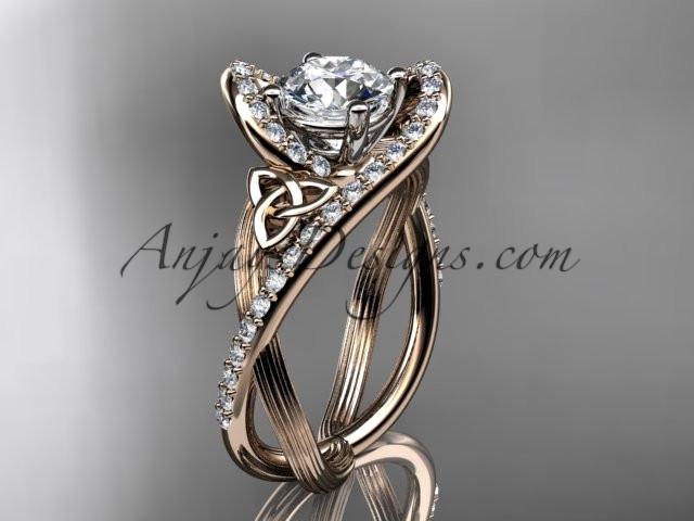 14kt rose gold diamond celtic trinity knot wedding ring, engagement ring with a "Forever One" Moissanite center stone CT7369 - AnjaysDesigns