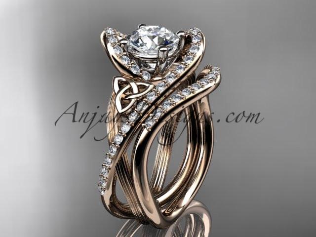 14kt rose gold diamond celtic trinity knot wedding ring, engagement set with a "Forever One" Moissanite center stone CT7369S - AnjaysDesigns