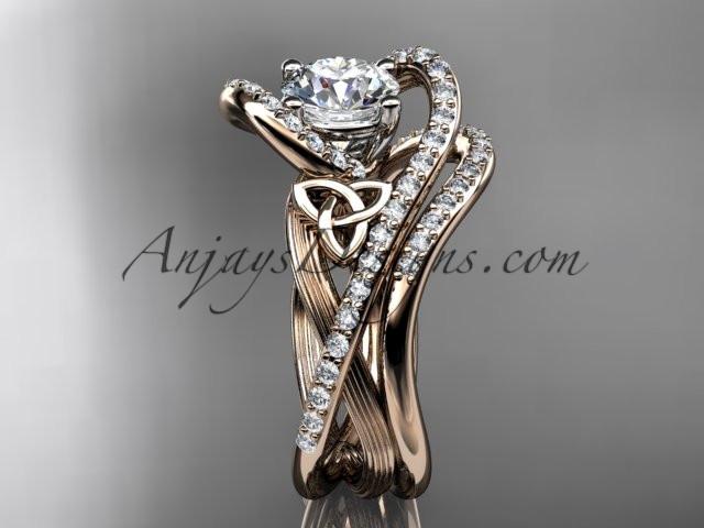 14kt rose gold diamond celtic trinity knot wedding ring, engagement set with a "Forever One" Moissanite center stone CT7369S - AnjaysDesigns