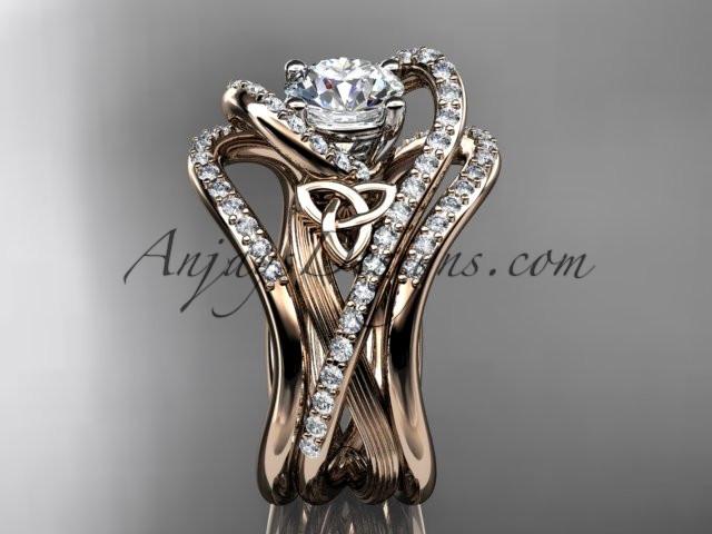 14kt rose gold diamond celtic trinity knot wedding ring, engagement ring with double matching band  CT7369S - AnjaysDesigns