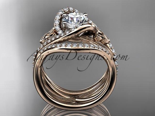 14kt rose gold diamond celtic trinity knot wedding ring, engagement ring with a "Forever One" Moissanite center stone and double matching band CT7369S - AnjaysDesigns