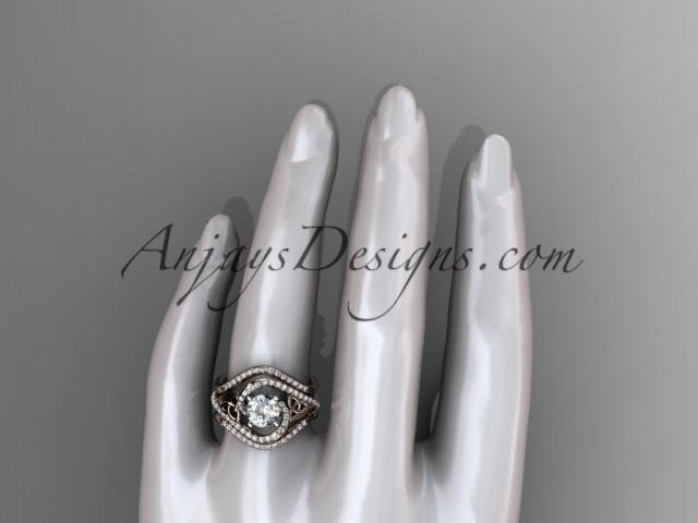 14kt rose gold diamond celtic trinity knot wedding ring, engagement ring with a "Forever One" Moissanite center stone and double matching band CT7369S - AnjaysDesigns