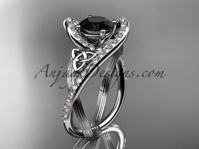 platinum diamond celtic trinity knot wedding ring, engagement ring with a Black Diamond center stone CT7369 - AnjaysDesigns