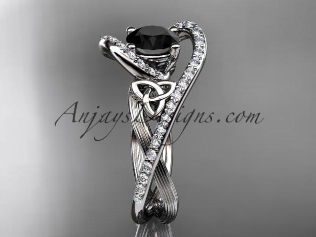 14kt white gold diamond celtic trinity knot wedding ring, engagement ring with a Black Diamond center stone CT7369 - AnjaysDesigns