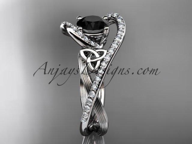 platinum diamond celtic trinity knot wedding ring, engagement ring with a Black Diamond center stone CT7369 - AnjaysDesigns