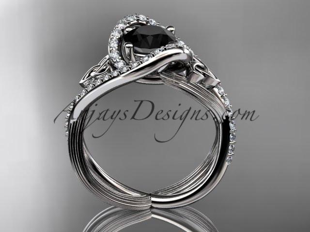 14kt white gold diamond celtic trinity knot wedding ring, engagement ring with a Black Diamond center stone CT7369 - AnjaysDesigns