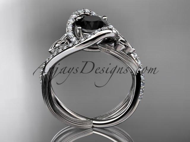 platinum diamond celtic trinity knot wedding ring, engagement ring with a Black Diamond center stone CT7369 - AnjaysDesigns
