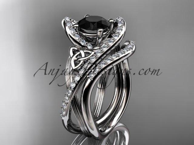 platinum diamond celtic trinity knot wedding ring, engagement set with a Black Diamond center stone CT7369S - AnjaysDesigns