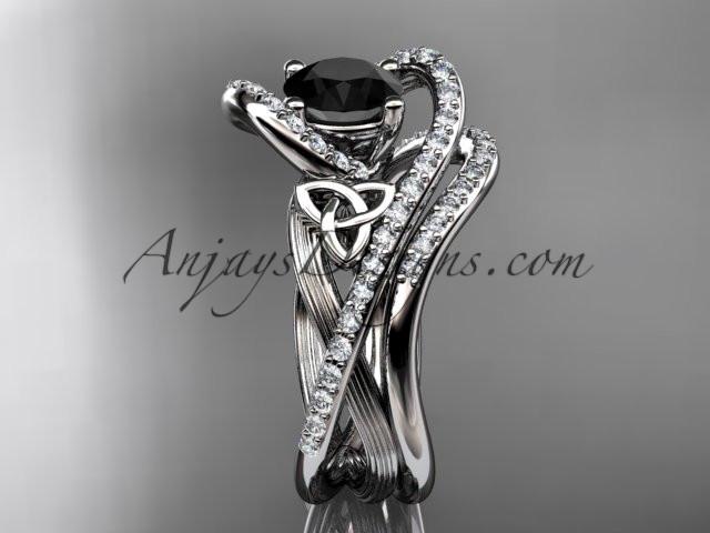 14kt white gold diamond celtic trinity knot wedding ring, engagement set with a Black Diamond center stone CT7369S - AnjaysDesigns