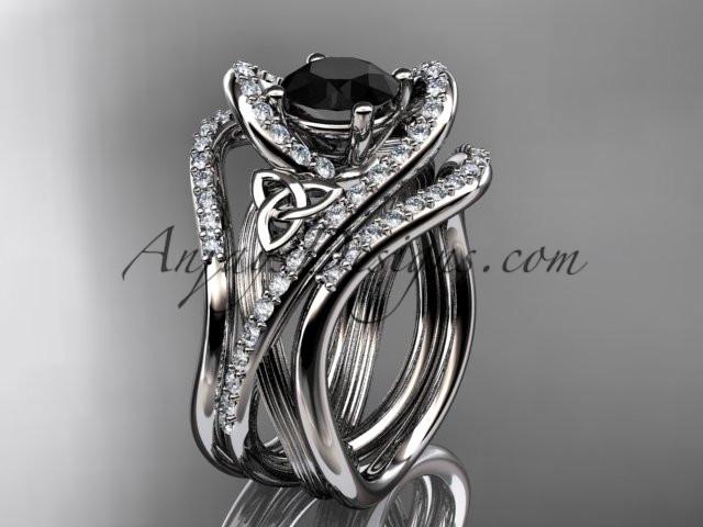 platinum diamond celtic trinity knot wedding ring, engagement ring with a Black Diamond center stone and double matching band  CT7369S - AnjaysDesigns
