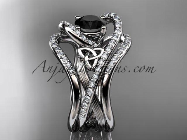 platinum diamond celtic trinity knot wedding ring, engagement ring with a Black Diamond center stone and double matching band  CT7369S - AnjaysDesigns