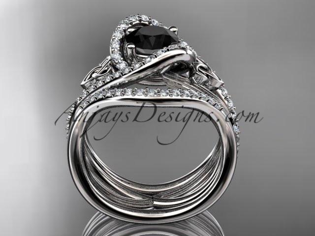 platinum diamond celtic trinity knot wedding ring, engagement ring with a Black Diamond center stone and double matching band  CT7369S - AnjaysDesigns