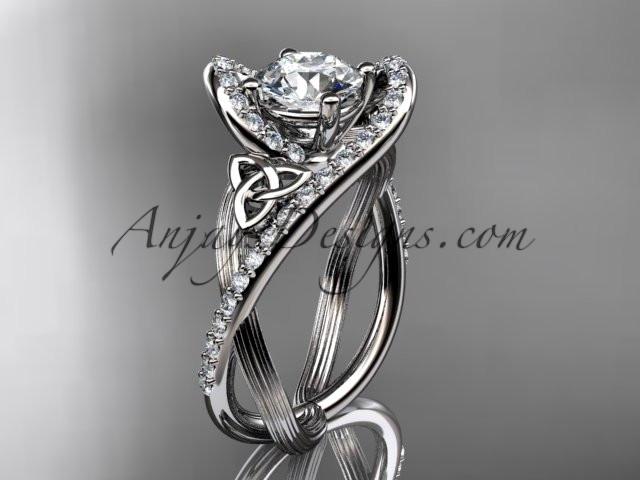 platinum diamond celtic trinity knot wedding ring, engagement ring with a "Forever One" Moissanite center stone CT7369 - AnjaysDesigns