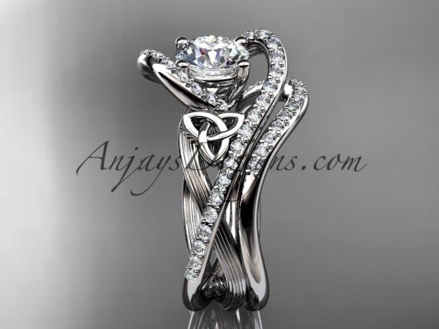 platinum diamond celtic trinity knot wedding ring, engagement set with a "Forever One" Moissanite center stone CT7369S - AnjaysDesigns