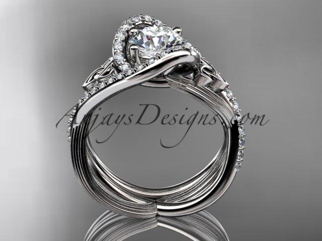 platinum diamond celtic trinity knot wedding ring, engagement set with a "Forever One" Moissanite center stone CT7369S - AnjaysDesigns