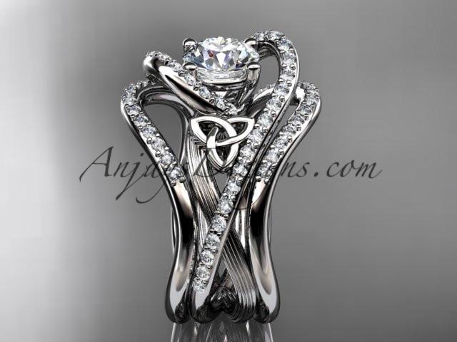 platinum diamond celtic trinity knot wedding ring, engagement ring with double matching band  CT7369S - AnjaysDesigns